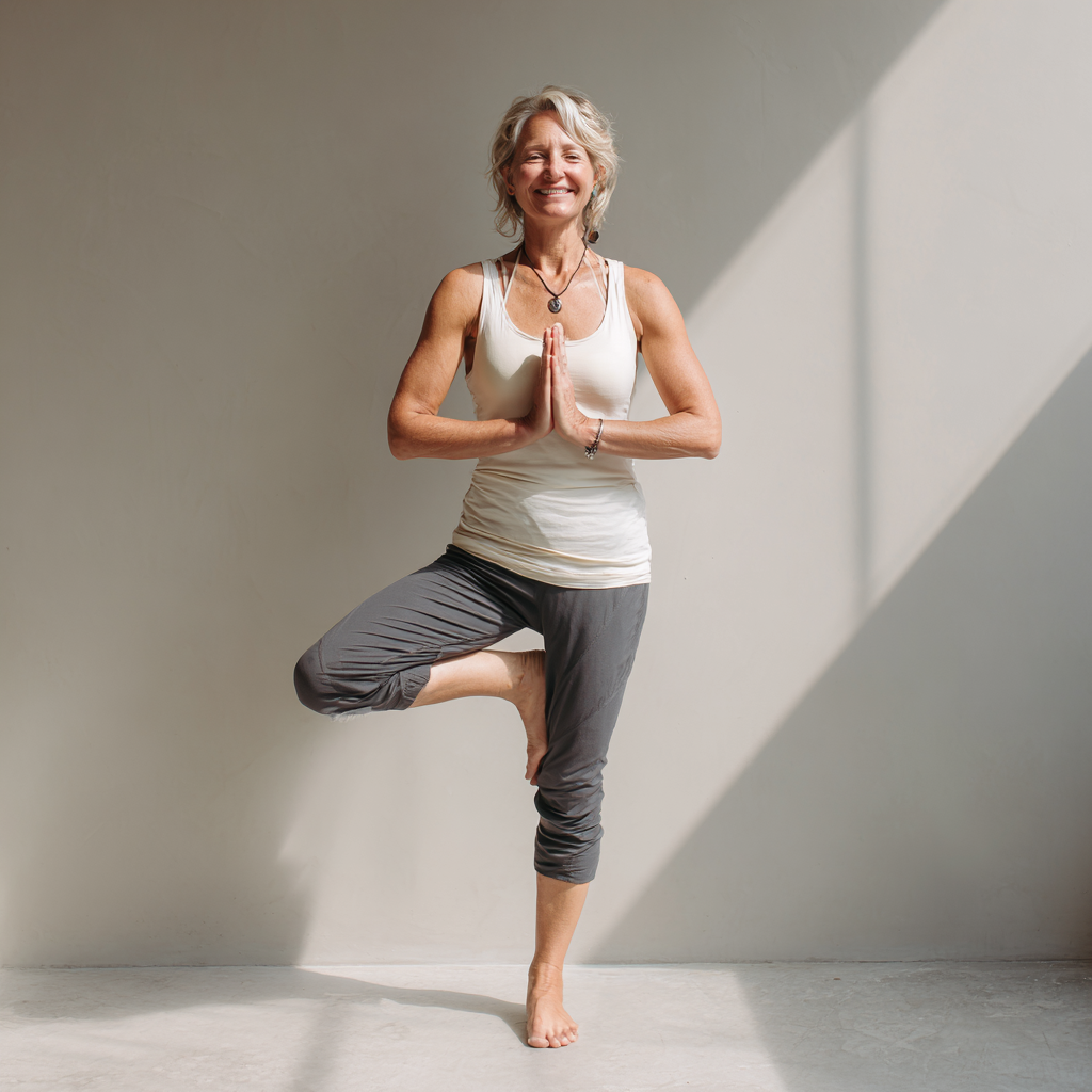 Інструктор йоги віком 52 років демонструє позу дерева в світлій студії, усміхнений та впевнений в собі