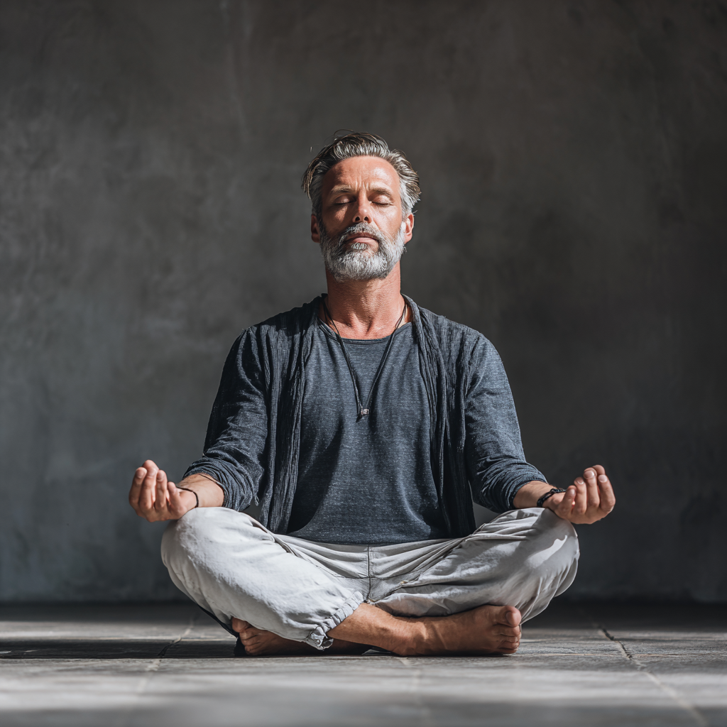 Чоловік 58 років медитує в позі лотоса серед зелених рослин, очі закриті, обличчя спокійне