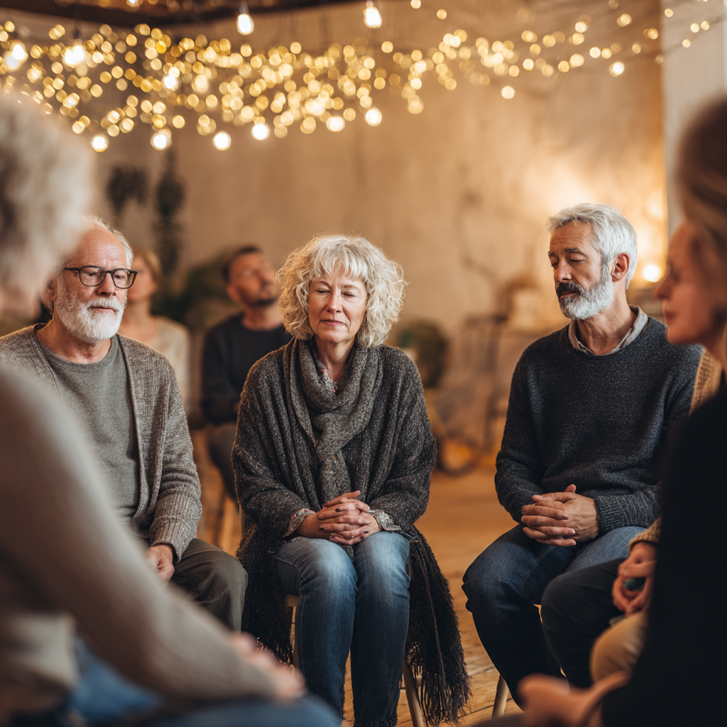 Група людей віком 50-60 років сидить в колі під час групової медитації в затишній студії з м'яким освітленням